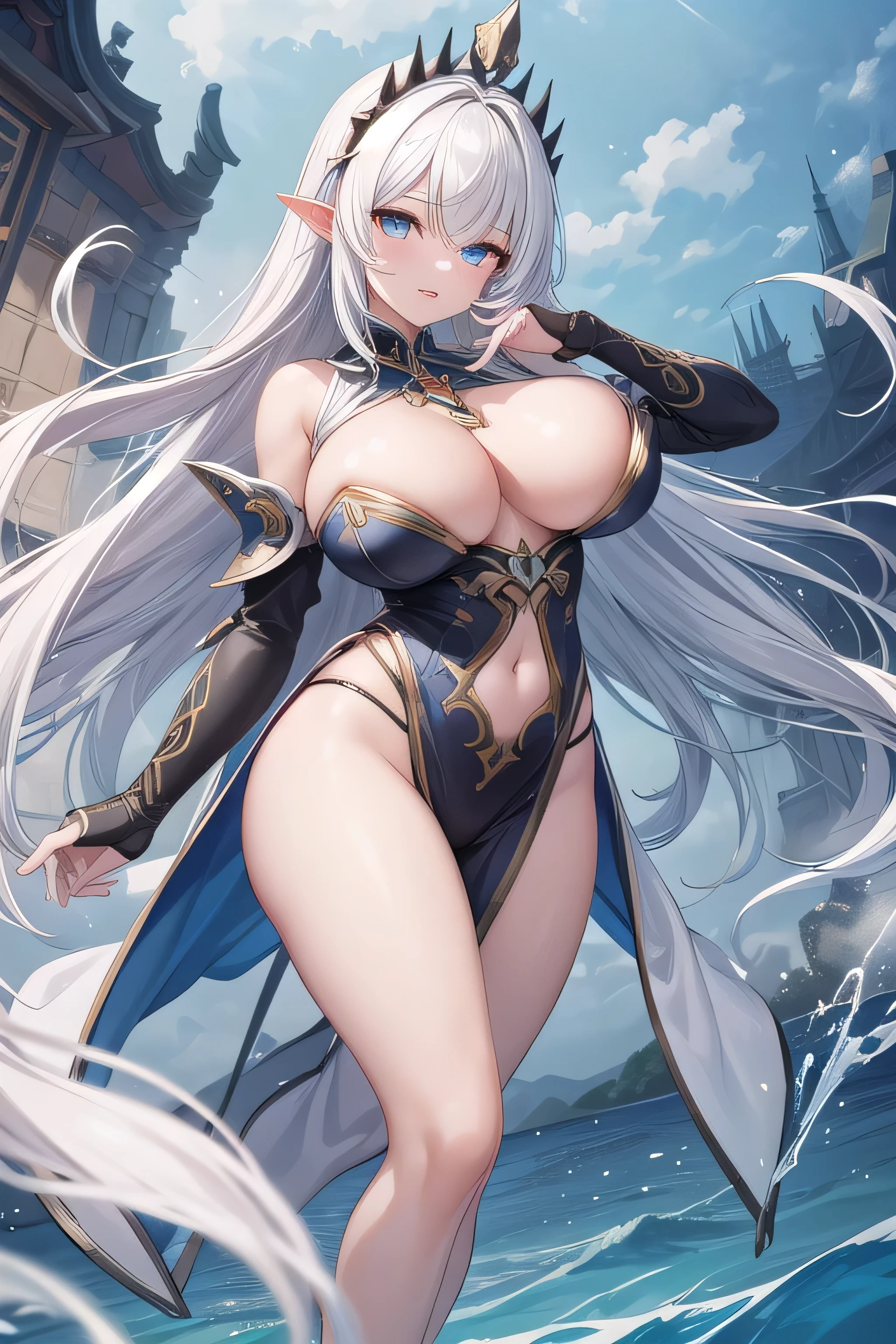 最high quality、high quality、best image quality、8K、最High resolution、High resolution、最high quality、masterpiece、whole body photos、 skin in every detail、 face in every detail、 eyes in every detail、 lips in every detail、 teeth in every detail、 ears with attention to detail、 hair with detailed details、arms with attention to detail、 hands with attention to detail、 fingers with attention to detail、 (fine hands、thumb1reference4)、 legs with attention to detail, feet with attention to detail, 8k, ultra HD, sharp focus, details hair, beautiful hair, details face, beautiful detail eye, details pupil, perfect hand, vibrant colours, soft lighting.
1girl, long hair, hair accessory, style hair, white hair, radiant blue sea eyes, glow eyes, massive giant breast, god clothes, sexy, breasts grab
at heavens, many clouds, flying temple