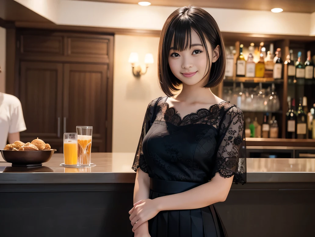 (Highest quality, masterpiece, Ultra-high resolution, 8K, RAW Photos, Realistic, Anatomically correct:1.5), (Stainless steel round bar fence:1.0, Put your elbow on the fence:1.2, high school girl、20-year-old girl:1.2, Embarrassing, avert your eyes, blush:1.0, View Viewer, ((bar)) 、Night view、 Light:1.2, Bokeh, Cinema Lighting:1.0, Depth of written boundary, sharp、 Cute face、Idol、Black short sleeve lace top、Black pleated skirt、Black clothing、”dwarf”、(Floral clothes)、Full Body Shot、Cowboy Shot、(( smile))、(Ultra short hair、Straight Hair)、(Straight bangs)、