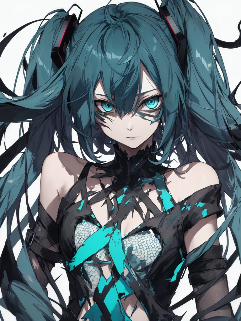 Create an image of a distorted and sinister version of Hatsune Miku. Her turquoise hair is a tangled, disheveled mass, with tentacles that move like snakes around her, some parts turned into sharp spines. His eyes are deep pits of darkness, with no visible irises, just dilated pupils that seemingly absorb the light around them. His skin is pale and translucent, with dark markings and black veins that pulse with malignant energy. She wears a torn dress covered in patterns that move and change, with shards of colored lights flashing along the fabric. As it moves, it appears to float gently above the ground, emanating an aura of coldness and fear, a presence that does not belong to the world of the living.