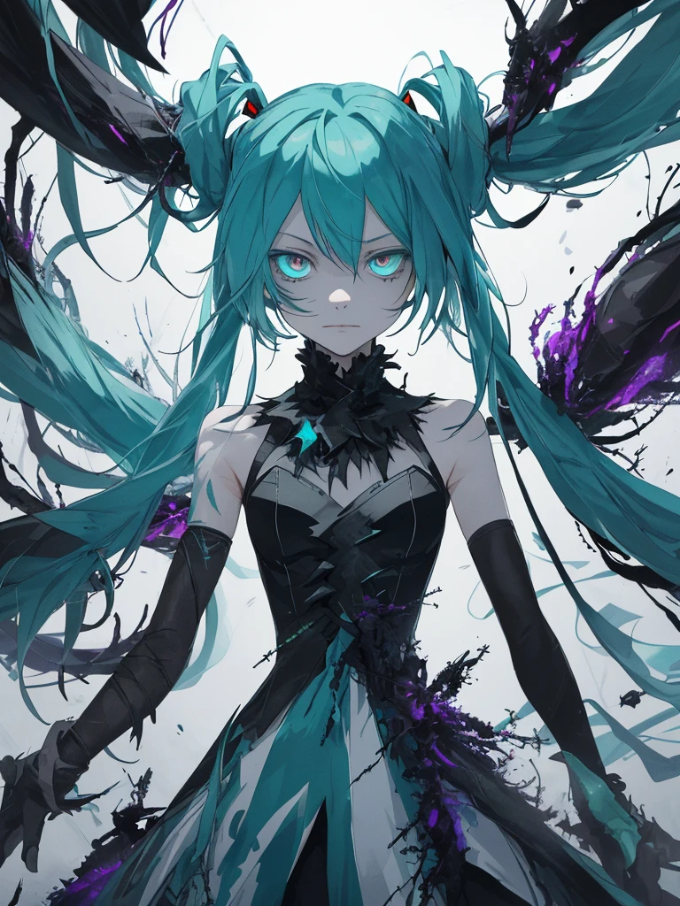 Create an image of a distorted and sinister version of Hatsune Miku. Her turquoise hair is a tangled, disheveled mass, with tentacles that move like snakes around her, some parts turned into sharp spines. His eyes are deep pits of darkness, with no visible irises, just dilated pupils that seemingly absorb the light around them. His skin is pale and translucent, with dark markings and black veins that pulse with malignant energy. She wears a torn dress covered in patterns that move and change, with shards of colored lights flashing along the fabric. As it moves, it appears to float gently above the ground, emanating an aura of coldness and fear, a presence that does not belong to the world of the living.