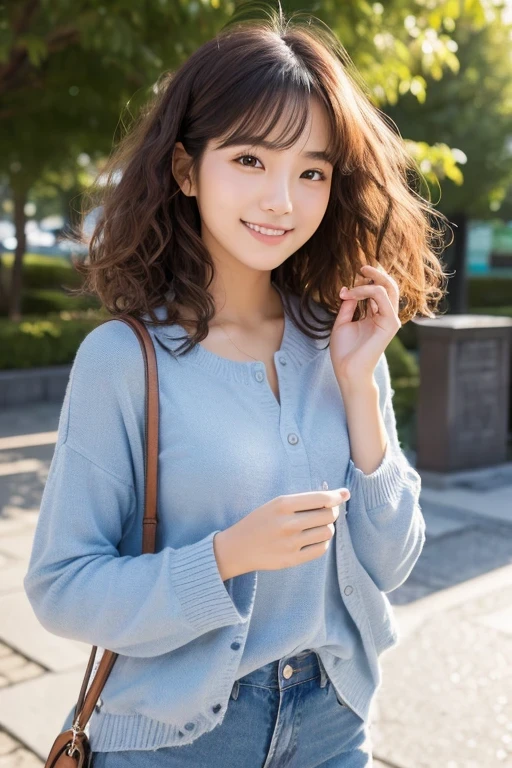 Produce the highest quality and highest resolution 8K images。The model is a 20-year-old Japanese woman.。The image depicts a person smiling at the camera and taking a commemorative photo at a tourist spot.。Draw the whole body of the model。She has brown eyes and a model figure.、She has an idol-level cute face.。The hair is curly。Skin has a healthy color。What to wear、He&#39;s wearing a T-shirt and jeans。