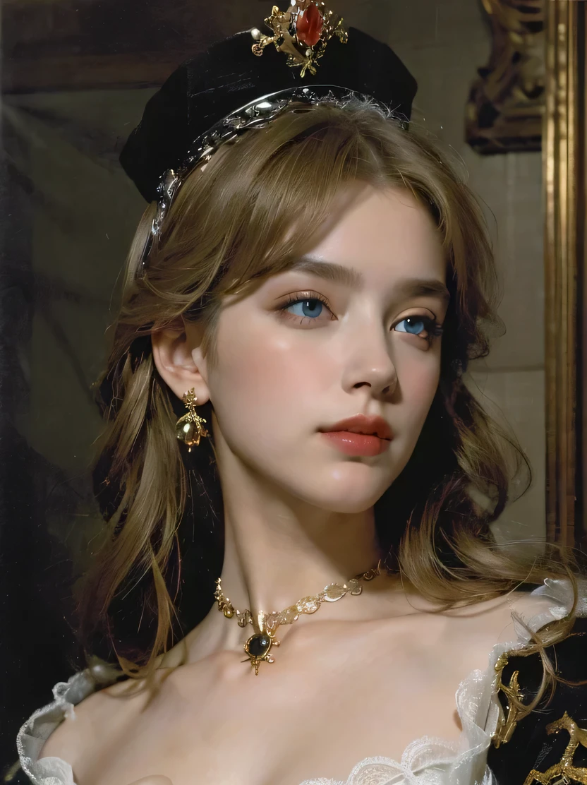 ((masterpiece、Highest quality、Very detailed、High resolution、Realistic、Sharp focus))、((Stunningly beautiful blonde woman、(Mid Shot)、Brightness of the face))、High contrast、High saturation、Stunning and gorgeous painting、Gorgeous dress、crown、necklace、Fantasy Portrait、Long Hair、Earrings、blue eyes、Detailed hand drawing、The background is a medieval room、oil painting