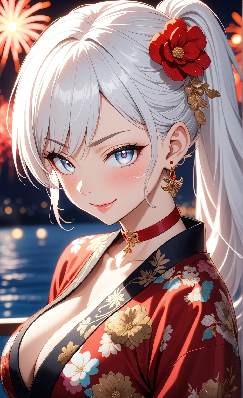 ((One personの女性)), Beautiful Face, (embarrassed), troubled eyebrows, (smirk), ((Wink:1.8)), Laugh with your mouth wide open,((Bright red cheeks:1.4)),Shiny red lips,night,横浜のnight景,You can see the ocean, firework,,Glossy pink lips,Facial lighting,((Anime style background)),masterpiece, Highest quality, so beautiful,up to date, Complex details, (Pink long nails), (ring),(bracelet),(choker),AI-generated, Complex,High resolution, Highest quality, super high quality,3D Images、3D Images,One person,Long white hair,High Ponytail,(blue eyes),Anime woman posing for a photo, ((Fine grain、Silvery white colorful eyes、Shining Eyes:1.3)),(Squint your eyes:1.1),a hyperRealistic , hyperRealistic , Realistic,Anime woman with long white hair, Smooth anime CG art, A woman in a colorful kimono with gold embroidery, (Black long sleeve kimono),Red floral pattern,Long flower hair ornament,Earrings,Mature Body,(Big Breasts:1.1),Tall,Abdominal muscles,Narrow waist,(Zoom up to face:1.2), ((from side)),
