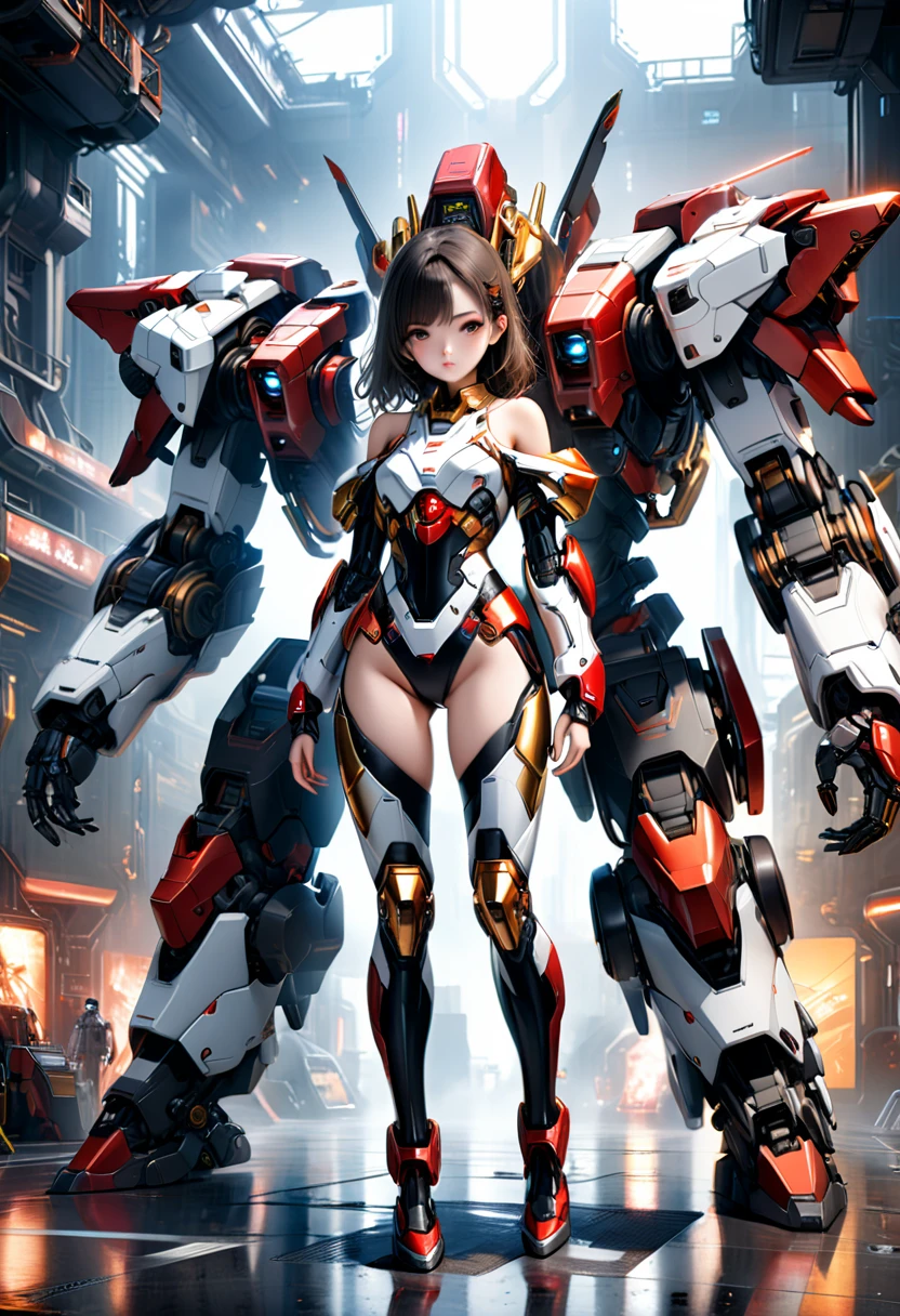 A photorealistic portrait of a beautiful 20-year-old girl wearing a red, gold, black and white off-shoulder sci-fi armor, her entire body is shown, looking directly at the viewer, (full body:1.5), in a futuristic sci-fi setting with mecha elements, (best quality,4k,8k,highres,masterpiece:1.2),ultra-detailed,(realistic,photorealistic,photo-realistic:1.37),detailed eyes,detailed lips,extremely detailed face,long eyelashes,intricate mecha details,advanced technology,neon lights,cinematic lighting,vibrant colors,dramatic shadows,provocative pose, umbrella