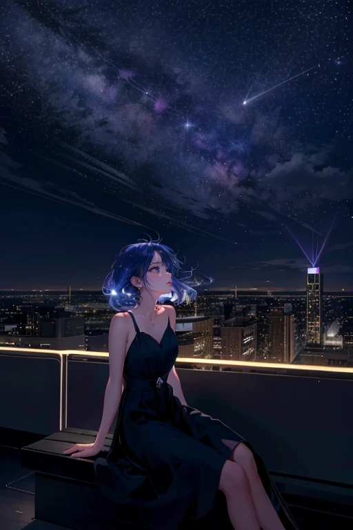 1girl,solo,cool,brilliant eye,outdoor,building,rooftop,sitting, look up at the sky,faw away,at night,octans,starry sky,milky way, fanxing ,city view,