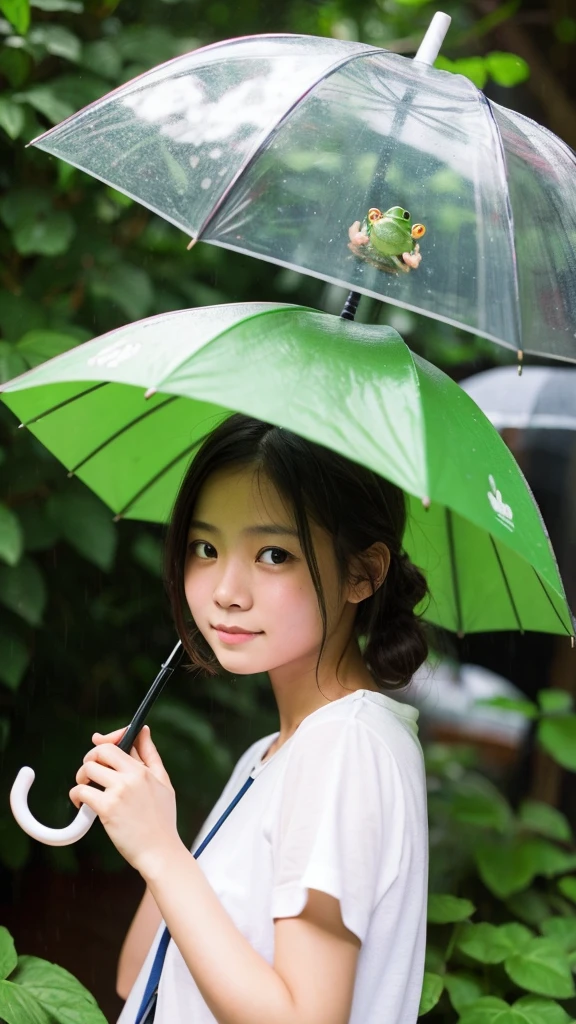 Girl Holding an Umbrella、Portrait、On the way home I found a frog and a snail