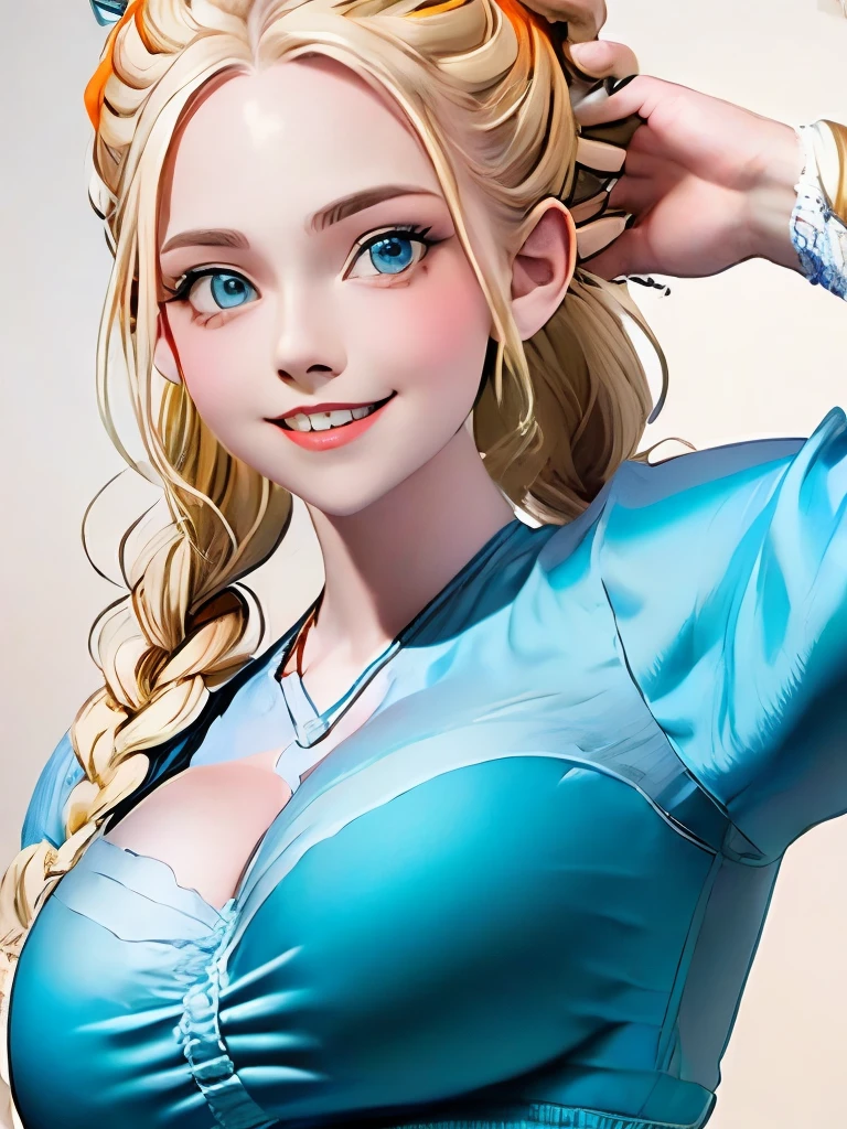 One Caucasian Beauty, blonde hair in braids,Bianca,Dragon Quest V, ssmile, big pale blue eyes, Woman in green dress and orange cloak,