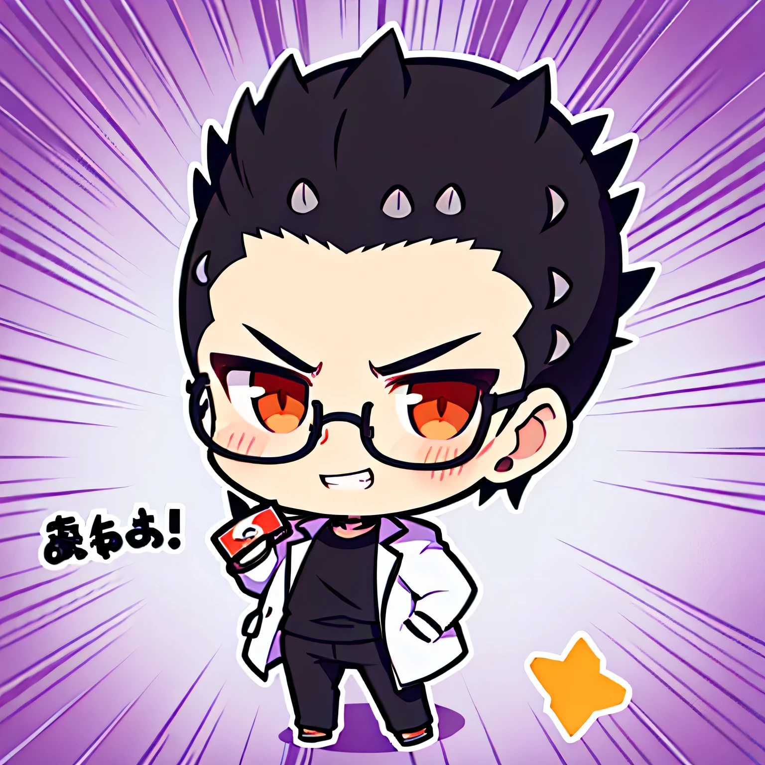 (chibi),fullbody,solo,black short spiked hair,big forehead,sideshaved,backcut,man,man's eyes,handsome features,glasses,grin,white sweater,