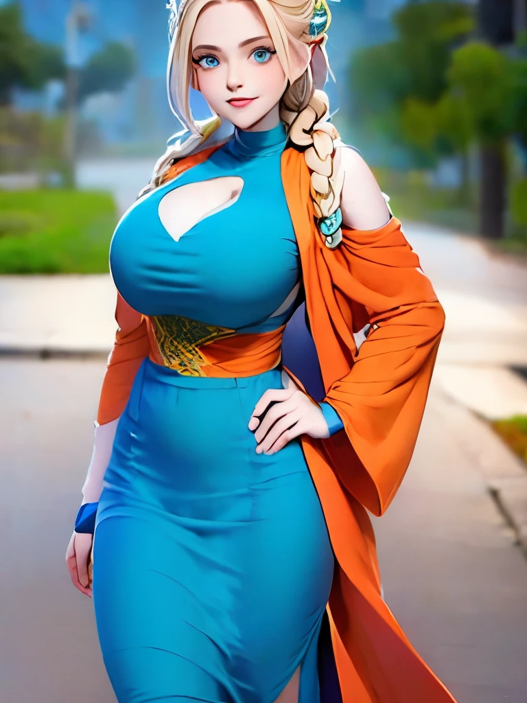 One Caucasian Beauty, blonde hair in braids,Bianca,Dragon Quest V, ssmile, big pale blue eyes, Woman in green dress and orange cloak,