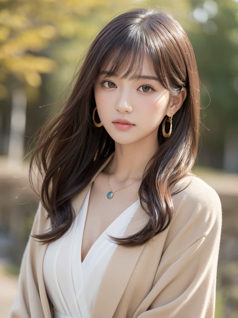 ((Highest quality, 8K, masterpiece:1.3)), concentrate: 1.2, Perfect body beauty: 1.4, Hips: 1.2, ((Long Hair, chest: 1.2)), (Dry clothes: 1.1) , (clear, Simple Background:1.3), Simple clothes: 1.1, Highly detailed face and skin texture,Delicate eyes, double eyelid, Whitened skin, Rough skin、Long Hair、Earrings with bangs、necklace、 solo、Beige coat、White shirt, (((Beautiful girl with cute Japan)))、 ((Beautiful Japanese girl 20 years old))、 ((Baby Face))、 (((Slender body)))、 Upper Body,Face focus、necklace,Simple Background,From above, Realistic Hair、 A photograph was taken:Canon EOS R6、135mm、1/1250 seconds、f2.8、ISO400、(Detailed explanation of the hand)、(Masseter muscle area)、(Exquisite CG)、Long Hair, loose and curly hair、Korean Hair、Long Hair明るいベージュ色、グラデーションハイライトグレージュのゆるふわLong Hairスタイル、