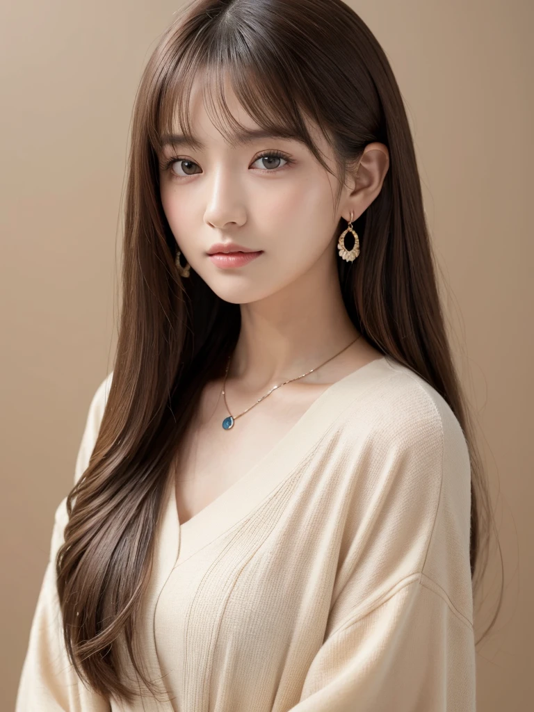  ((Highest quality, 8K, masterpiece:1.3)), concentrate: 1.2, Perfect body beauty: 1.4, Hips: 1.2, ((Long Hair, chest: 1.2)), (Dry clothes: 1.1) , (clear, Simple Background:1.3), Simple clothes: 1.1, Highly detailed face and skin texture,Delicate eyes, double eyelid, Whitened skin, Rough skin、Long Hair、Earrings with bangs、necklace、 solo、Beige coat、White shirt,  (((Beautiful girl with cute Japan)))、  ((Beautiful Japanese girl 20 years old))、 ((Baby Face))、 (((Slender body)))、  Upper Body，Face focus、necklace，Simple Background，From above， Realistic Hair、 A photograph was taken:Canon EOS R6、135mm、1/1250 seconds、f2.8、ISO400、(Detailed explanation of the hand)、(Masseter muscle area)、(Exquisite CG)、Long Hair, loose and curly hair、Korean Hair、Long Hair明るいベージュ色、グラデーションハイライトグレージュのゆるふわLong Hairスタイル、