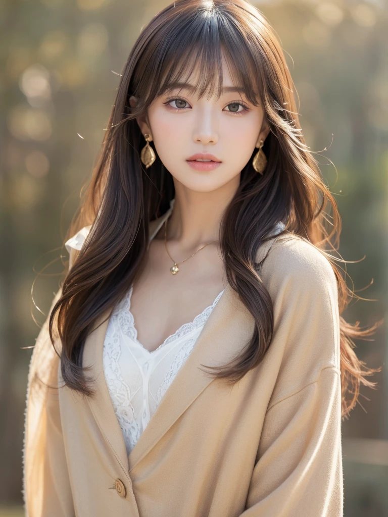  ((Highest quality, 8K, masterpiece:1.3)), concentrate: 1.2, Perfect body beauty: 1.4, Hips: 1.2, ((Long Hair, chest: 1.2)), (Dry clothes: 1.1) , (clear, Simple Background:1.3), Simple clothes: 1.1, Highly detailed face and skin texture,Delicate eyes, double eyelid, Whitened skin, Rough skin、Long Hair、Earrings with bangs、necklace、 solo、Beige coat、White shirt,  (((Beautiful girl with cute Japan)))、  ((Beautiful Japanese girl 20 years old))、 (())、 (((Slender body)))、  Upper Body，Face focus、necklace，Simple Background，From above， Realistic Hair、 A photograph was taken:Canon EOS R6、135mm、1/1250 seconds、f2.8、ISO400、(Detailed explanation of the hand)、(Masseter muscle area)、(Exquisite CG)、Long Hair, loose and curly hair、Korean Hair、Long Hair明るいベージュ色、グラデーションハイライトグレージュのゆるふわLong Hairスタイル、