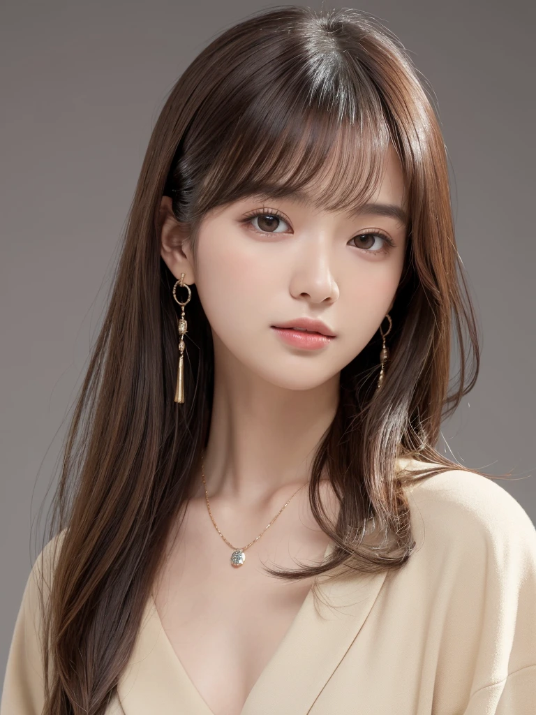  ((Highest quality, 8K, masterpiece:1.3)), concentrate: 1.2, Perfect body beauty: 1.4, Hips: 1.2, ((Long Hair, chest: 1.2)), (Dry clothes: 1.1) , (clear, Simple Background:1.3), Simple clothes: 1.1, Highly detailed face and skin texture,Delicate eyes, double eyelid, Whitened skin, Rough skin、Long Hair、Earrings with bangs、necklace、 solo、Beige coat、White shirt,  (((Beautiful girl with cute Japan)))、  ((Beautiful Japanese girl 20 years old))、 ((Baby Face))、 (((Slender body)))、  Upper Body，Face focus、necklace，Simple Background，From above， Realistic Hair、 A photograph was taken:Canon EOS R6、135mm、1/1250 seconds、f2.8、ISO400、(Detailed explanation of the hand)、(Masseter muscle area)、(Exquisite CG)、Long Hair, loose and curly hair、Korean Hair、Long Hair明るいベージュ色、グラデーションハイライトグレージュのゆるふわLong Hairスタイル、