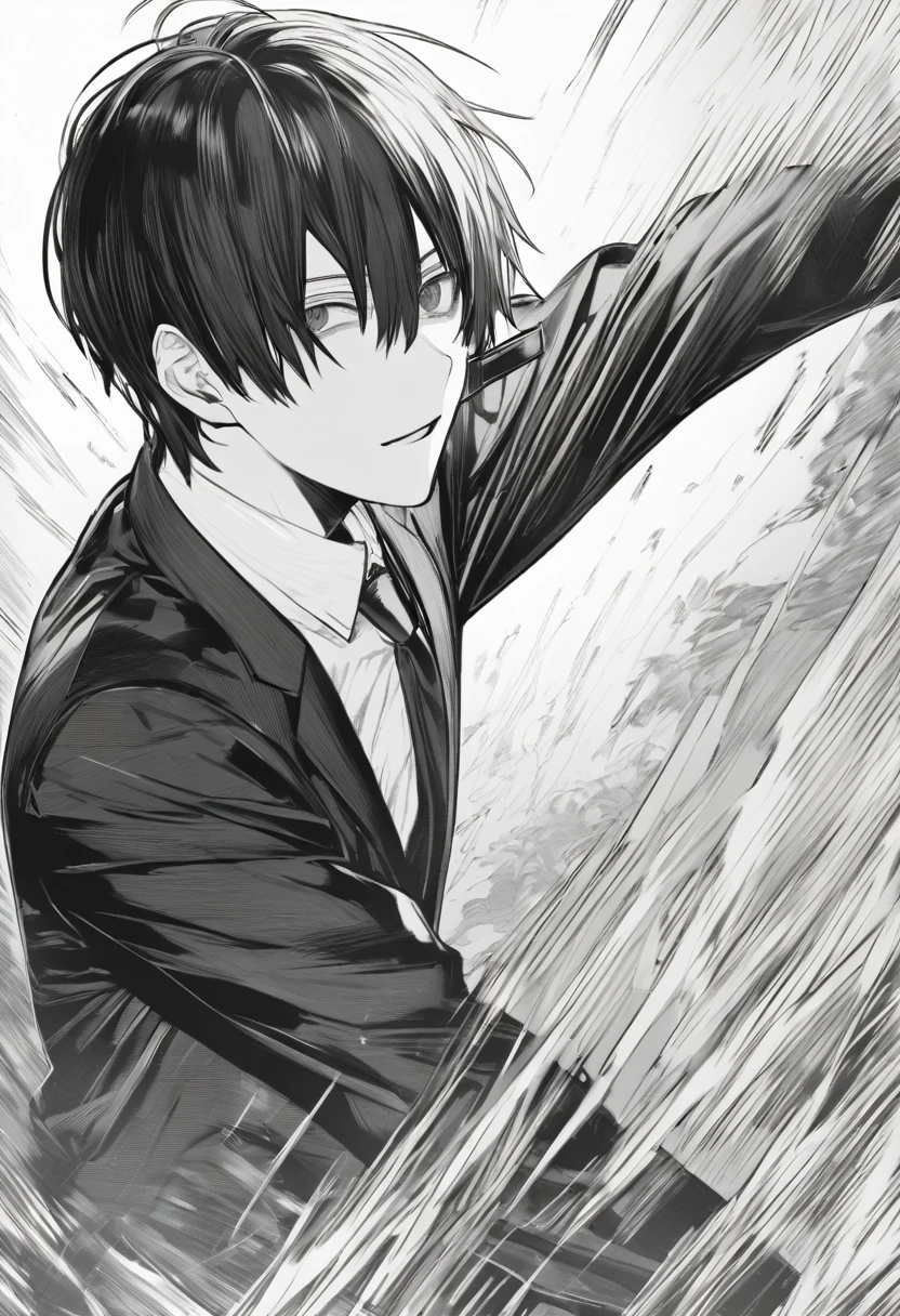 yuto-sano, 1boy, Kaneki, black hair, black suit, white shirt, armor,  elegant, monochrome, solo, greyscale, male focus, looking at viewer, pointing a sword, dynamic, action