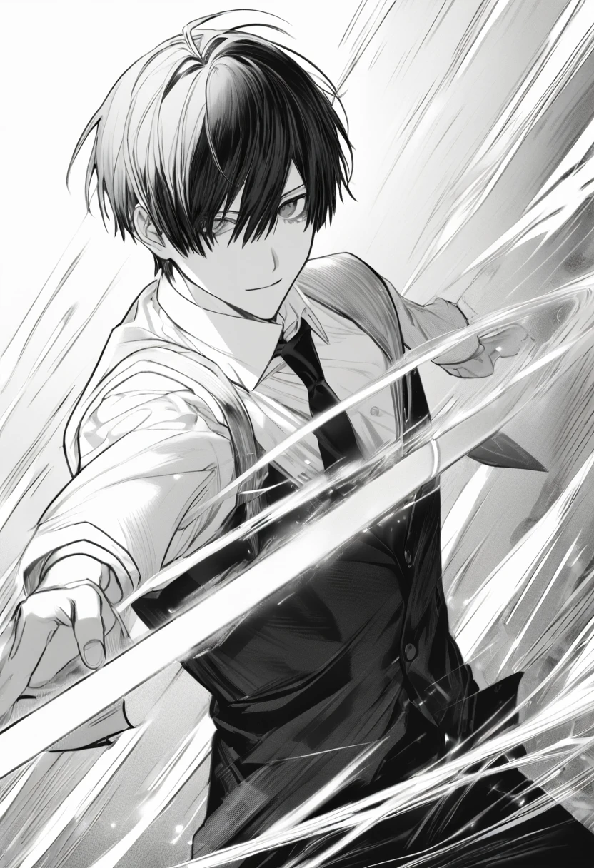 yuto-sano, 1boy, Kaneki, black hair, black suit, white shirt, armor,  elegant, monochrome, solo, greyscale, male focus, looking at viewer, pointing a sword, dynamic, action