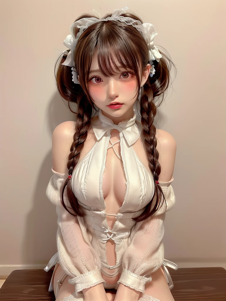 ((Highest quality)),(Ultra-high resolution),(Very detailed),(Detailed Description),((The best CG)),(masterpiece),Very detailedなアート、Small breasts、Whitening 1.5、Clear skin quality、(((Full upper body nudity1.5)))、Racing High Leg、Ribbon hair ornament、(((Twin Tail Hairstyle 1.5)))Tying up hair、Glitter Necklace、Ultimate Beauty 1.5、((( Body tied up with rope 1.5)))、(((Sitting cross-legged 1.5)))、Chest tied with rope 1.5