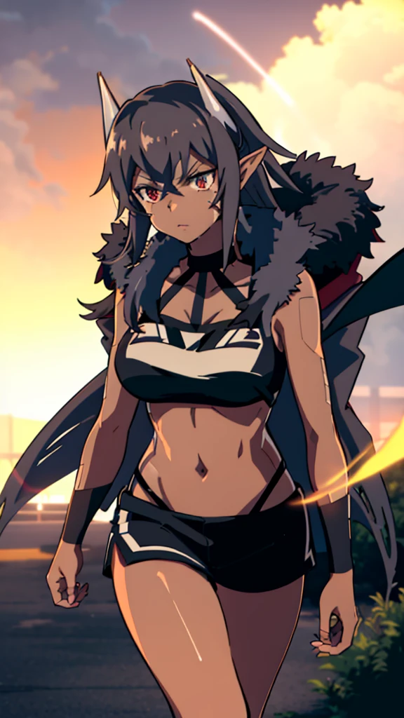 ((1girl,solo,mature female,tall)),big breasts,long hair, black hair,serious,horns,elf ears,black scarf,(dark skin),((midriff,black sports bra,neck fur)),(walking in night,thunder,lightnings),