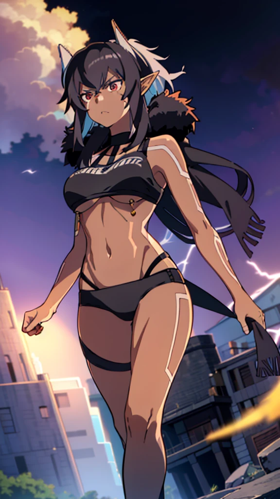 ((1girl,solo,mature female,tall)),big breasts,long hair, black hair,serious,horns,elf ears,black scarf,(dark skin),((midriff,black sports bra,neck fur)),(walking in night,thunder,lightnings),