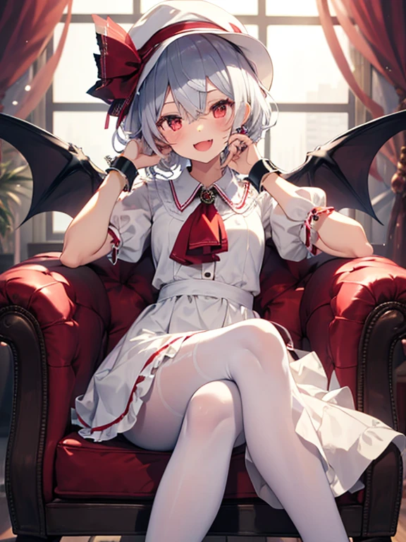1girl, solo, remilia scarlet, hat, ascot, wings, red eyes, smile, sitting, puffy sleeves, short sleeves, mob cap, open mouth, wrist cuffs, looking at viewer, bat wings, crossed legs, puffy short sleeves, short hair, white headwear, hair between eyes, bangs, fang, red ascot, jewelry, dress, :d, red ribbon, pantyhose, ribbon, frills, blush, hat ribbon, chair, feet out of frame, white dress, brooch, white pantyhose, hand up, eyes visible through hair, hand on own face, white hair, armchair, collared dress, shirt, pink headwear
