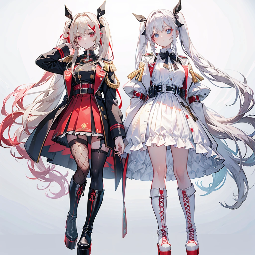 Two girls, one with beige hair and very red eyes, the other with white hair and blue eyes, pigtails, long hair, white background, colorful jewels, light, high quality, military uniform, standing back to back, fishnet stockings, platform boots
