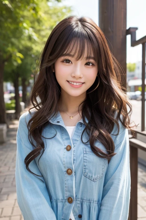 Produce the highest quality and highest resolution 8K images。The model is a 20-year-old Japanese woman.。The image depicts a person smiling at the camera and taking a commemorative photo at a tourist spot.。Draw the whole body of the model。She has brown eyes and a model figure.、She has an idol-level cute face.。The hair is curly。Skin has a healthy color。What to wear、He's wearing a T-shirt and jeans。