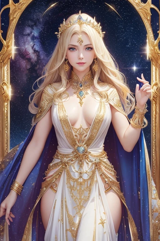 (masterpiece、Highest quality、High resolution、Best lighting、8K)、((One beautiful goddess、Standing posture、(whole body)、Arms move freely))、(Gold and jewel decoration、Gold Bracelet、eye、nose、face、Blue Eyes、Elegant and beautiful)、(smile、Bright atmosphere、カメラeye線)、((Blonde medium long、Reflected by light、Golden Cape、 White long dress、Beautiful chest、Sleeveless)).    The background is a myriad of stars and nebulae、