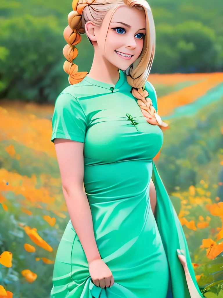One Caucasian Beauty, blonde hair in braids,Bianca,Dragon Quest V, ssmile, big pale blue eyes, Woman in green dress and orange cloak,