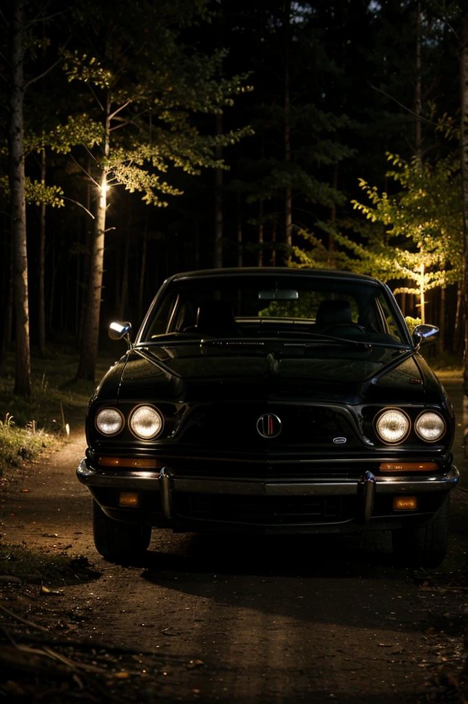 Classic retro car in black color. On a forest trip at night. size 16:9. 4k high quality