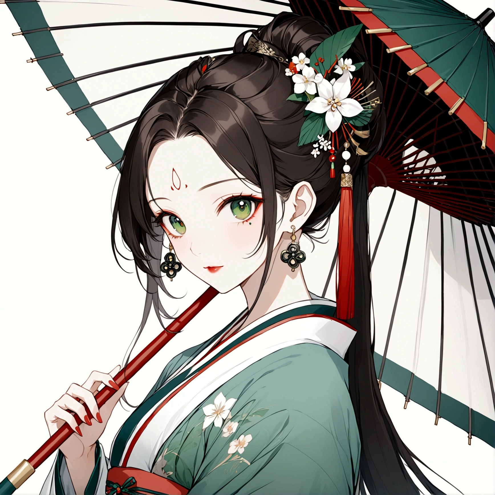 1girl, solo, long hair, looking at viewer, simple background, black hair, hair ornament, long sleeves, white background, holding, jewelry, closed mouth, green eyes, upper body, ponytail, flower, earrings, hair flower, from side, parted bangs, makeup, umbrella, facial mark, chinese clothes, white flower, lipstick, tassel, holding umbrella, forehead mark, red lips, oil-paper umbrella, hanfu