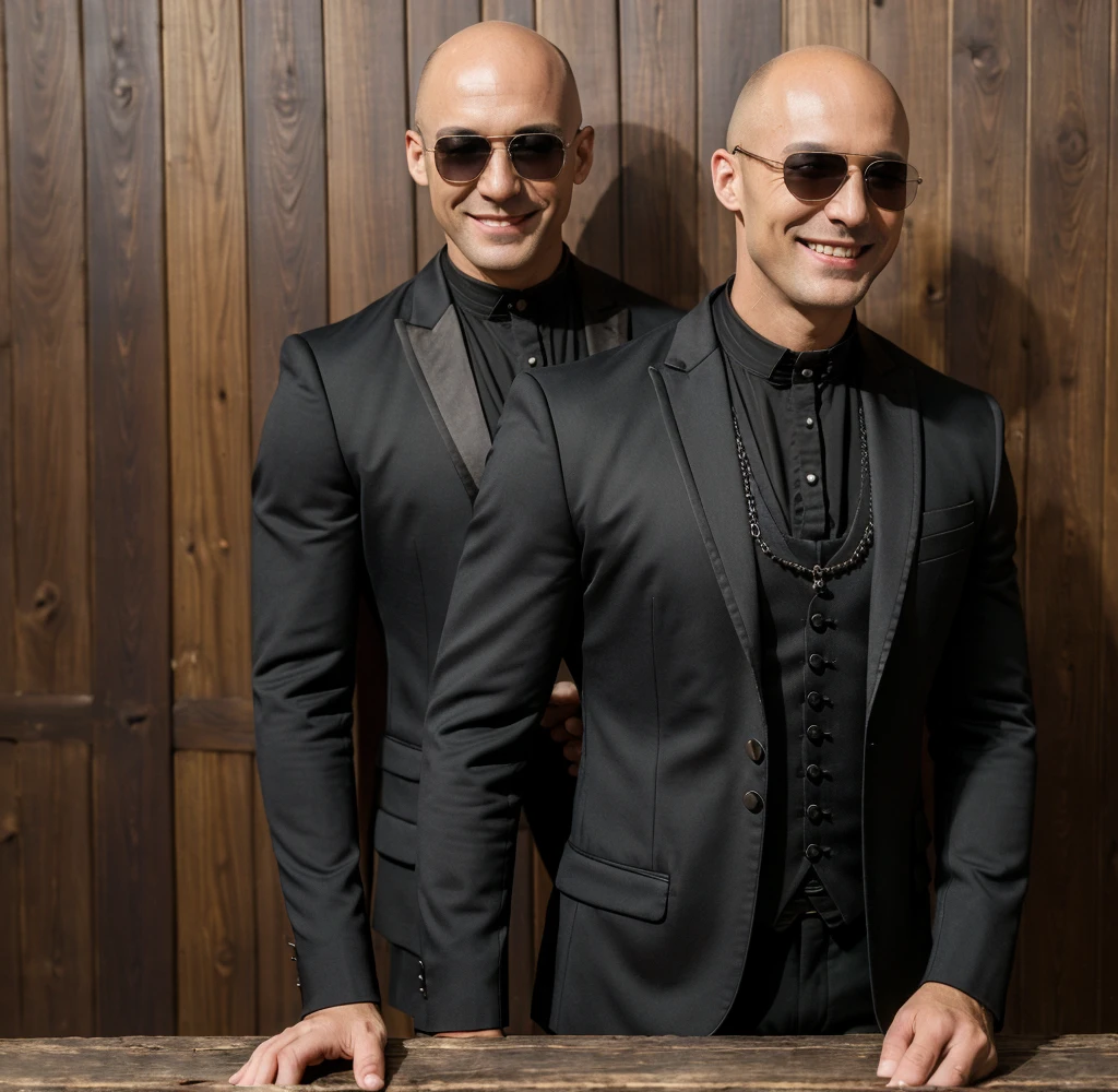 ((8k ((best quality)), ((masterpiece)), (very detailed), real face bald male very muscular male upper body wear full gothic suit sunglasses stand by wooden wall smiling