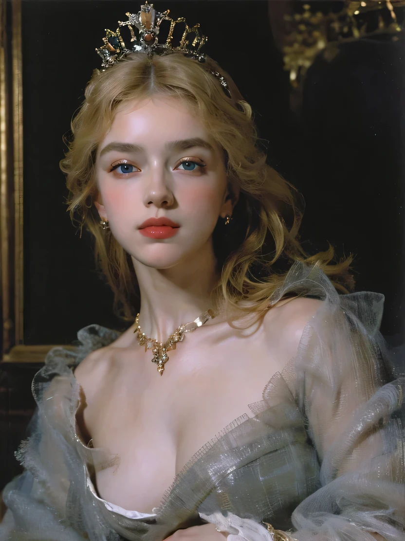 ((masterpiece、Highest quality、Very detailed、High resolution、Realistic、Sharp focus))、((Stunningly beautiful blonde woman、(Mid Shot)、Brightness of the face))、High contrast、High saturation、Stunning and gorgeous painting、Marie Antoinette、Gorgeous dress、crown、necklace、Fantasy Portrait、Long Hair、Earrings、blue eyes、Detailed hand drawing、The background is a medieval room、oil painting