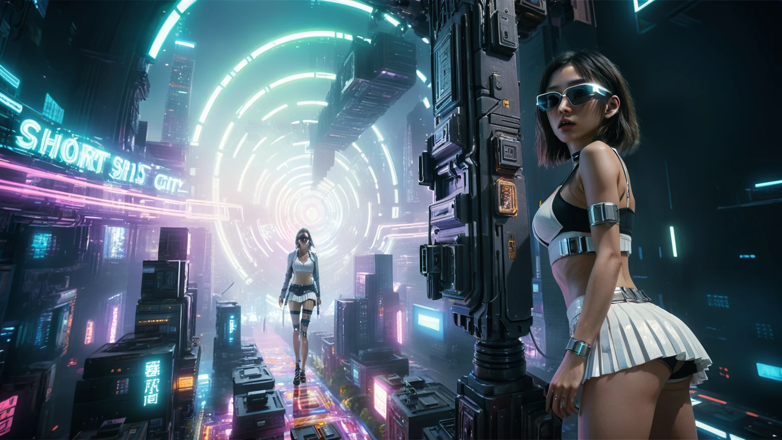 (((aerial view))), Blade Runner style futuristic city, neon lights, at night. (1girl, solo, alone), large-breast:1.2 slim body, cleavage:1.1, sexy lingerie with wet jacket, headphone, (black sunglasses), (((she raised a pistol:1.8 and shot:1.8 the viewer))), dynamic pose, (((half-body thigh level medium shot))), cinematic lighting, lens flare, ray tracing, blurred:1.4 background.