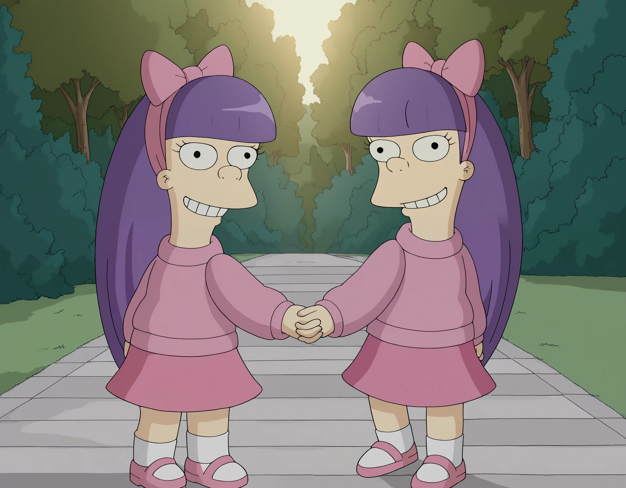 score_9, score_8, score_9, BREAK, sherri-terri, 2girls, twins, purple hair, hair bow, skirt, outdoors, smiling, holding hands, looking at viewer, natural lighting
