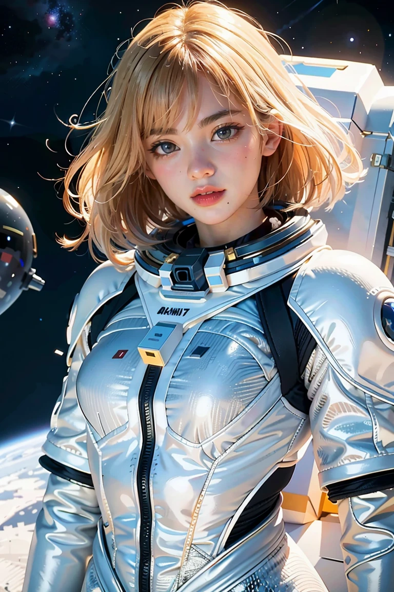 (best quality, masterpiece), 1girl, pose, particle, wind, flower, upper body, simple background, looking at viewer, blonde, galaxy, space suit, 