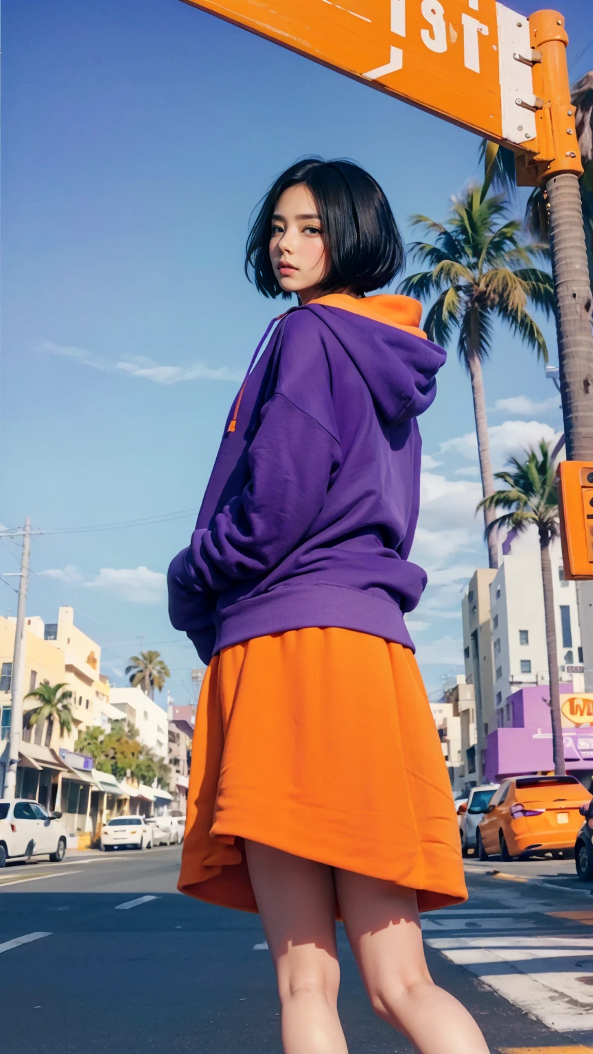 1 girl, beautiful, ultra high resolution,UHD ,black bob hair, almond eye, no makeup,looking camera, wear ((oversized orange hoodie)) (purple tennis skirt), walking pose ((8th Street Designer District Miami)),(from below:1.2), (realistic:1.1), (surreal:1.2), (very detailed:1.1), ((masterpiece)), summer, blue sky, (palm trees),sunny, los angles vibes,