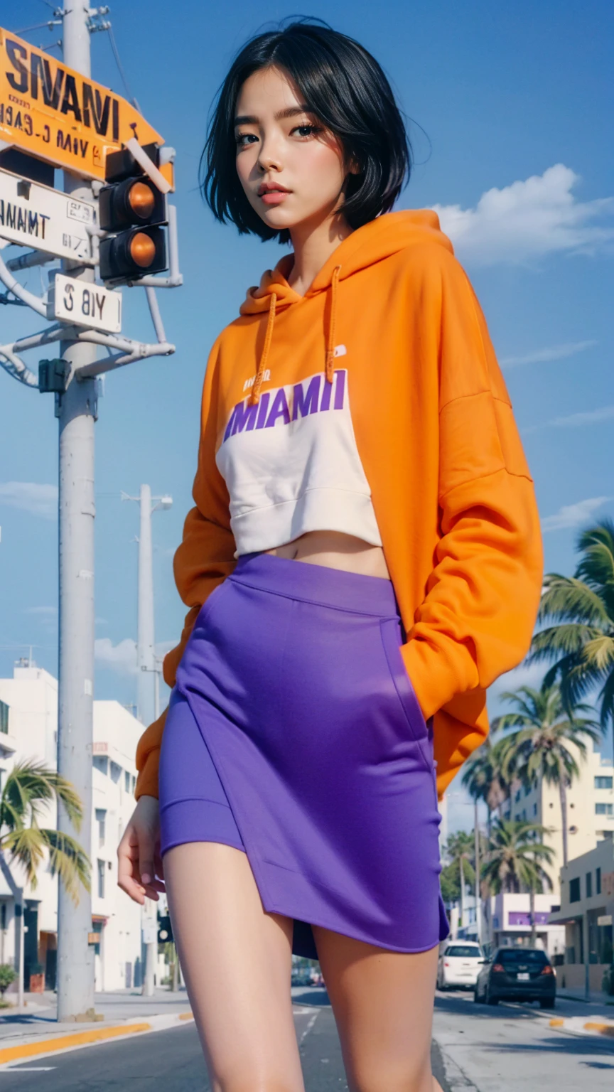 1 girl, beautiful, ultra high resolution,UHD ,black bob hair, almond eye, no makeup,looking camera, wear ((oversized orange hoodie)) (purple tennis skirt), walking pose ((8th Street Designer District Miami)),(from below:1.2), (realistic:1.1), (surreal:1.2), (very detailed:1.1), ((masterpiece)), summer, blue sky, (palm trees),sunny, los angles vibes,