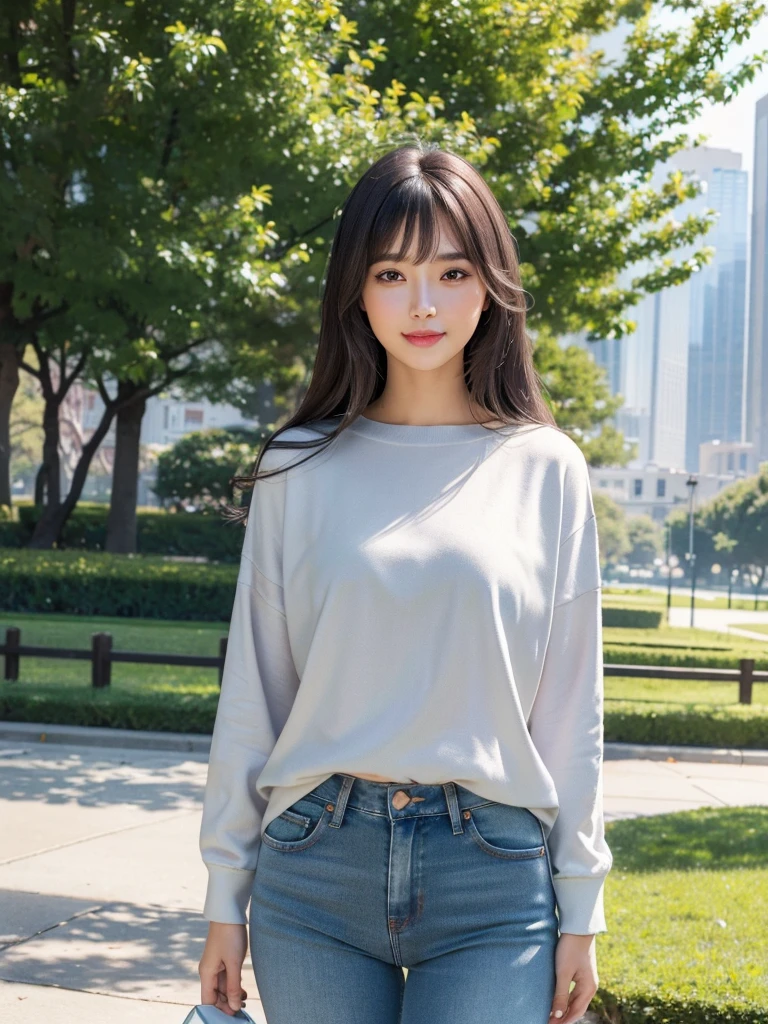 One girl,Beautiful Model , Instagram (photoRealistic, High resolution:1.4), ((Puffy eyes)), View your viewers, , whole body (8K, RAW Photos, Highest quality, masterpiece:1.2), (Realistic, photo-Realistic:1.37),(Sharp focus:1.2), Professional Lighting, Photon Mapping, Radio City, Physically Based Rendering, (Realistic skin:1.2),( ), View your viewers, (Mid-length hair:1.5),, Purple eyes, (Silver Hair:1.1),bangs, (Park Background:1.4), alone, Realistic,(masterpiece:1.4),(Highest quality:1.4),(Shiny skin),Fashionable Girl,compensate,smile(skinny,Mouth closed,shy :1.3) , shoulder,Full Color:1.1),whole bodyショット,jeans,Medium Bust,Sexy pose ,