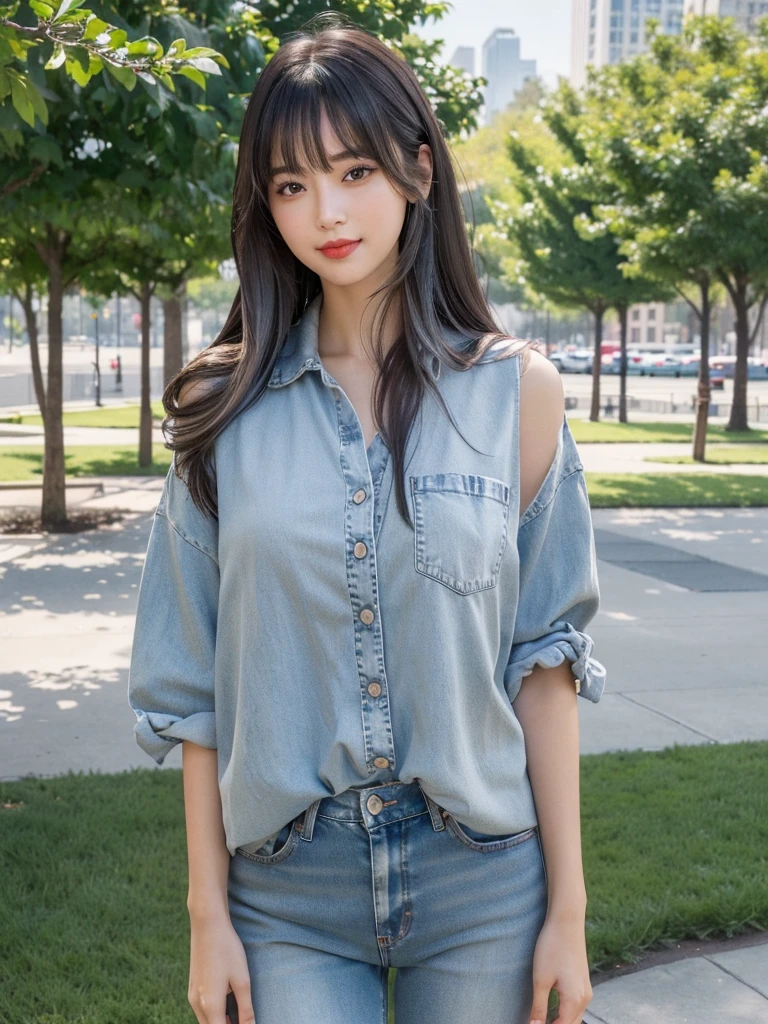 One girl,Beautiful Model , Instagram (photoRealistic, High resolution:1.4), ((Puffy eyes)), View your viewers, , whole body (8K, RAW Photos, Highest quality, masterpiece:1.2), (Realistic, photo-Realistic:1.37),(Sharp focus:1.2), Professional Lighting, Photon Mapping, Radio City, Physically Based Rendering, (Realistic skin:1.2),( ), View your viewers, (Mid-length hair:1.5),, Purple eyes, (Silver Hair:1.1),bangs, (Park Background:1.4), alone, Realistic,(masterpiece:1.4),(Highest quality:1.4),(Shiny skin),Fashionable Girl,compensate,smile(skinny,Mouth closed,shy :1.3) , shoulder,Full Color:1.1),whole bodyショット,jeans,Medium Bust,Sexy pose ,