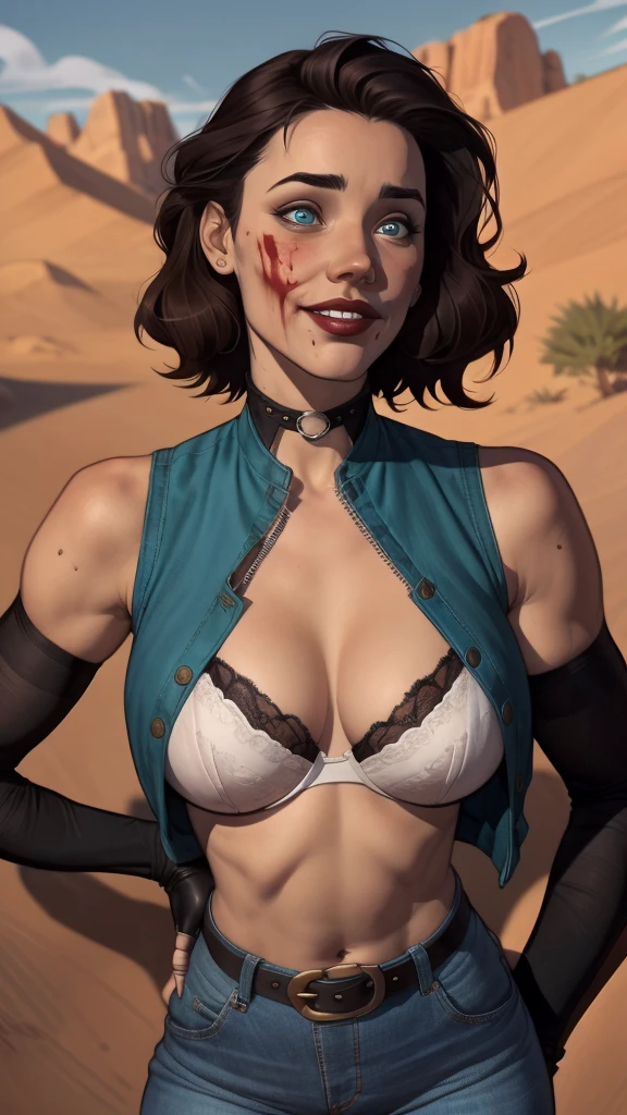 a drawing of a woman with blood on her face and a bloody collar, charlie bowater art style, arte do personagem Charlie Bowater, lois van rossdraws, Ross Draws 1. 0, female vampire, Carmilla Vampira, artgerm e rossdraws, style of charlie bowater, Vampire girl, Ross Draws 2. 0, Retrato de RossDraws, vampire portraitJennifer Connelly , , white bra, green vest, sleeveless, へそ, blue jeans, Brown boots, gloves fingerless, short gloves, slightly-smile, shorth hair, wavy hair, parted bangs, blue colored eyes, wart under the right eye, old american west, sunny desert background, waist belt, best quality, Obra de arte Jennifer Connelly