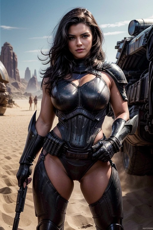 Art image of Gina Carano as Cara Dune, busty, beautiful, short black hair,big massive muscles,big shoulders,big arms, large breasts,(dark gray bounty hunter armor) ancient desert sands city planet background, by Louis Royo, Boris Vallejo, Frank Frazetta, extreme focus, sharp details, sexy, oily skin, sexy, naughty, sexy pose