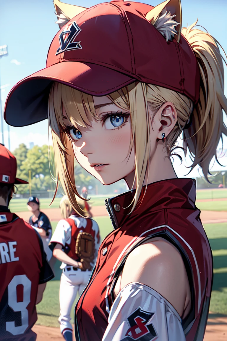 ((At the baseball field with the cat)),((Cat ears)), ((Sleeveless)),((Wine Red Baseball Cap)),((Wearing a wine red baseball uniform))、((Red jacket))、 Blonde Hair, 短めponytail, (Blonde Hair, short,ponytail), Pale blue eyes,Closed Mouth、Hoop Earrings, Jewelry,(Best Quality, 8k, Oil painting, Mastepiece:1.2), Super detailed, (Realism, It's photorealistic:1.37), (((Bust Shot))),