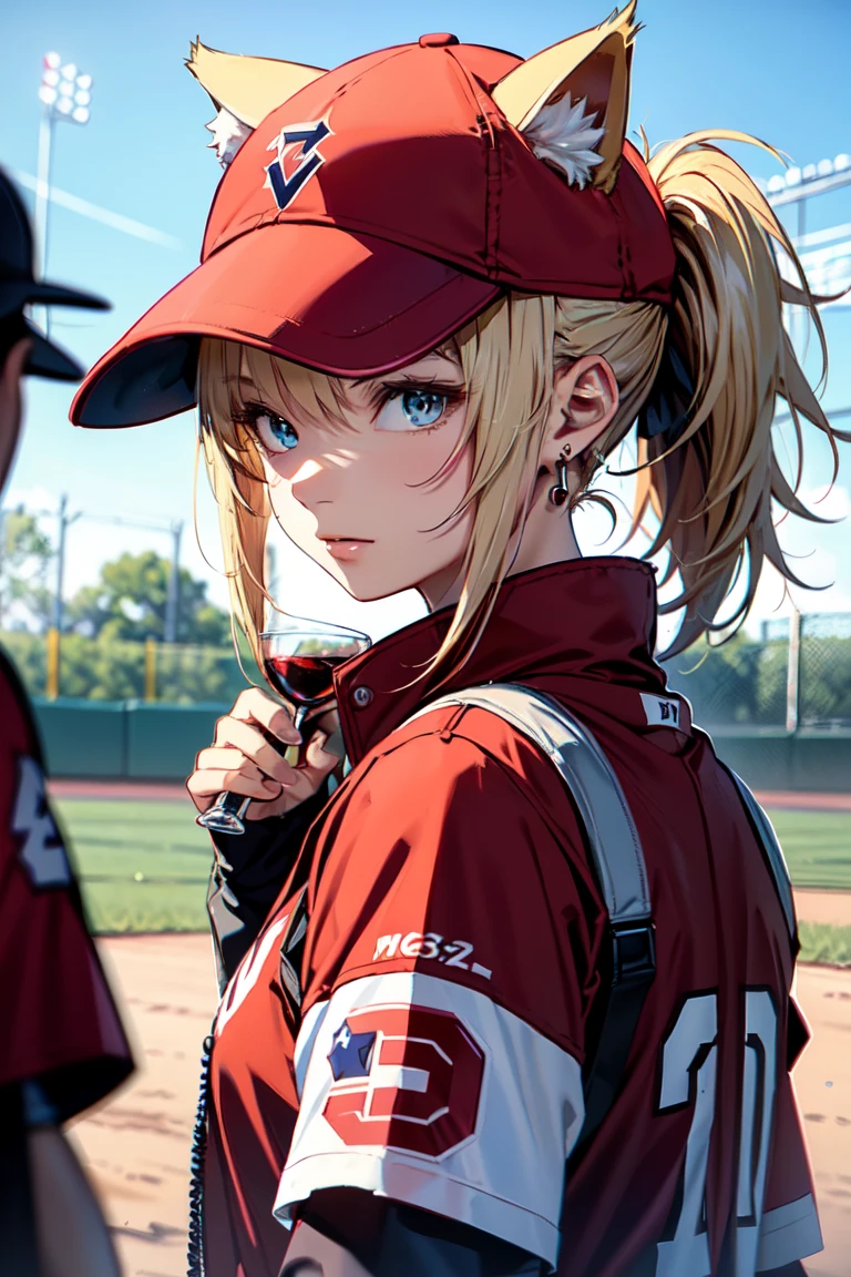 ((At the baseball field with the cat)),((Cat ears)), ((Sleeveless)),((Wine Red Baseball Cap)),((Wearing a wine red baseball uniform))、((Red jacket))、 Blonde Hair, 短めponytail, (Blonde Hair, short,ponytail), Pale blue eyes,Closed Mouth、Hoop Earrings, Jewelry,(Best Quality, 8k, Oil painting, Mastepiece:1.2), Super detailed, (Realism, It&#39;s photorealistic:1.37), (((Bust Shot))),