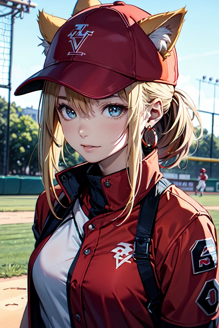 ((At the baseball field with the cat)),((Cat ears)), ((Sleeveless)),((Wine Red Baseball Cap)),((Wearing a wine red baseball uniform))、((Red jacket))、 Blonde Hair, 短めponytail, (Blonde Hair, short,ponytail), Pale blue eyes,Closed Mouth、Hoop Earrings, Jewelry,(Best Quality, 8k, Oil painting, Mastepiece:1.2), Super detailed, (Realism, It's photorealistic:1.37), (((Bust Shot))),
