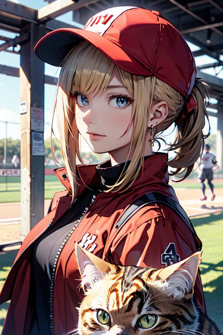 ((At the baseball field with the cat)),((Cat ears)), ((Sleeveless)),((Wine Red Baseball Cap)),((Wearing a wine red baseball uniform))、((Red jacket))、 Blonde Hair, 短めponytail, (Blonde Hair, short,ponytail), Pale blue eyes,Closed Mouth、Hoop Earrings, Jewelry,(Best Quality, 8k, Oil painting, Mastepiece:1.2), Super detailed, (Realism, It's photorealistic:1.37), (((Bust Shot))),