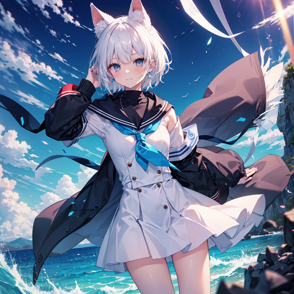 White Hair blue eyes short hair Have student Cat ear nice Blue Earrings necklace gloves beauty thin Sailor suit Put on a black coat Fantasy smile coastal sunset Fluffy hair