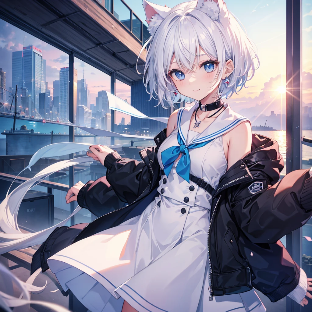 White Hair blue eyes short hair Have student Cat ear nice Blue Earrings necklace gloves beauty thin Sailor suit Put on a black coat Fantasy smile coastal sunset Fluffy hair