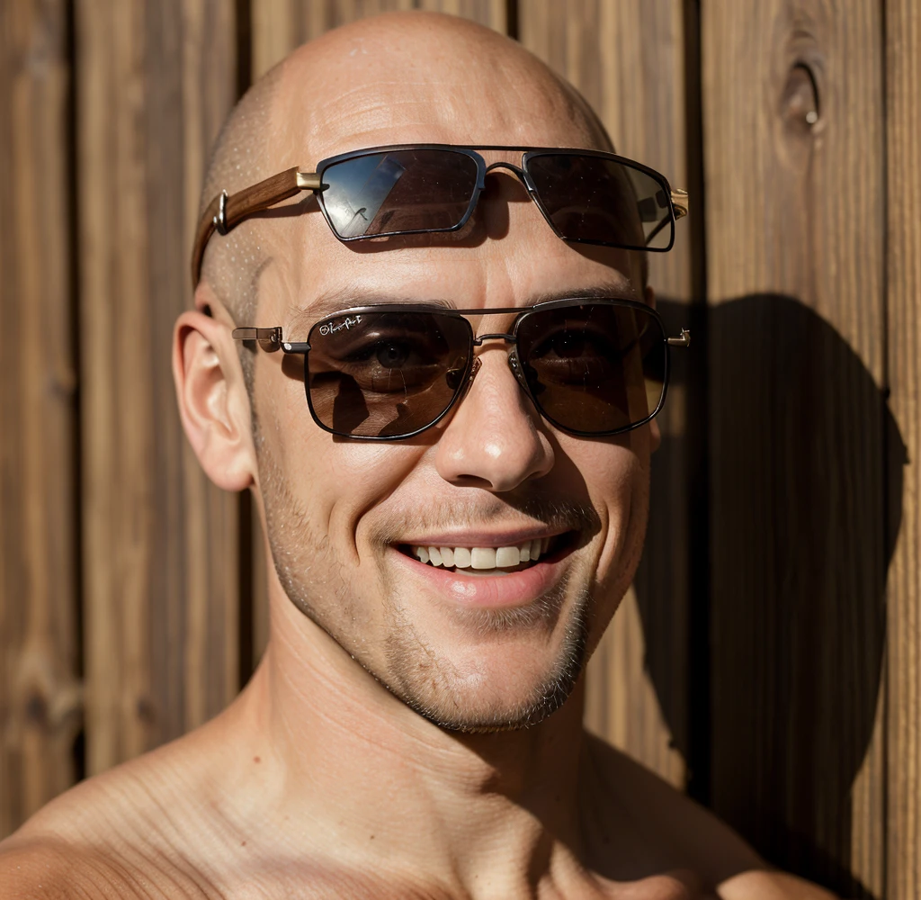 ((8k ((best quality)), ((masterpiece)), (very detailed), real face bald male very muscular male upper body wear full biker chlotes sunglasses stand by wooden wall smiling