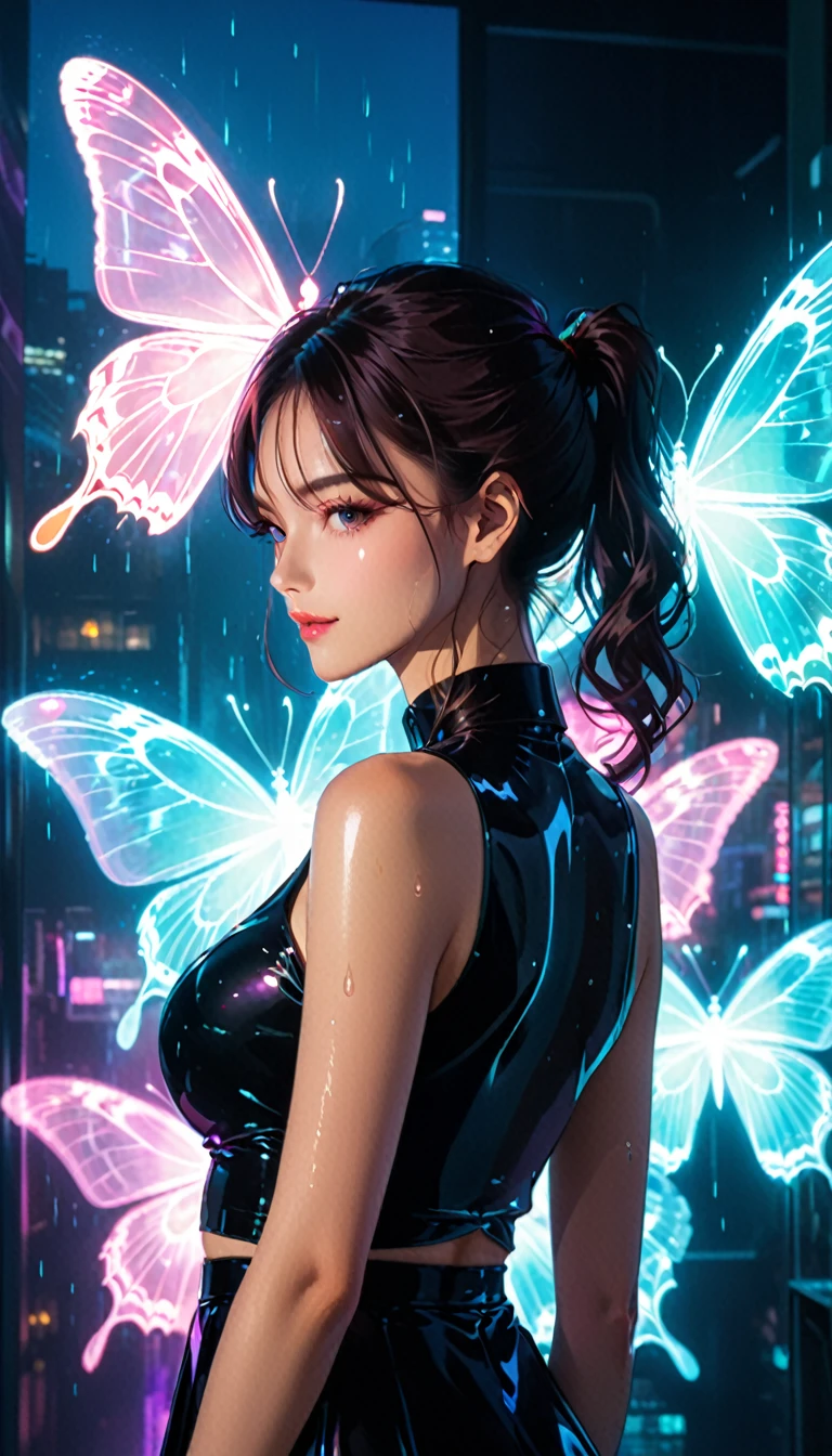 (masterpiece,Highest quality,Ultra-high resolution),Japanese women, (((Very beautiful 25 year old girl))), pretty girl、Look at the photographer、 ((Sleeveless collar shirt)), Very cute face, Glossy Lips, Double eyelids on both eyes,Natural smile、 Natural Makeup, Long eyelashes, Shiny and smooth hair、Center image, Perfect limbs, Perfect Anatomy,(((Tight Skirt)))、(((Looking Back)),Wet with sweat,Beautiful ponytail、Large Breasts、 (Double exposure:1.4),1. A giant silhouette of a girl and light shining into the darkness,Thrilling footage released,Cyberpunk Vaporwave,Holographic Projection,(Pause,Dynamic Action:1.8),Fractal Art,Lighting Butterfly