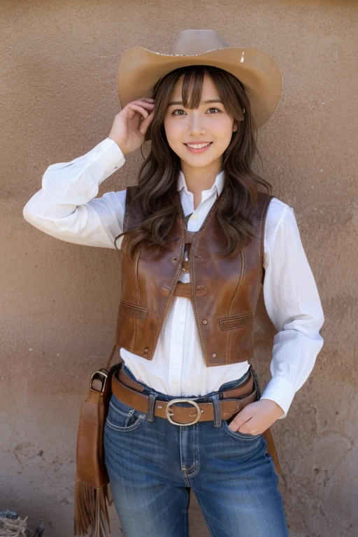 cowboy shot, cartridge belt with gun holster , Her has a handgun, Colt Peacemaker, ,standing pose, Western style, America, Cowboy Dressed , Cowboy style Wear, cowboy-hat, leather vests, bandanas, and cowboy boots, (Billy the Kid clothes) ,looking viewer, ((Japanese girl )),  ,(middle hair, brown hair, fringe, smile),(middle breasts, slender whist, middle hip, public hair), (masterpiece, highest quality, Very detailed, Ultra-high resolution, (photopractical:1.4), Original photo, (practical:0.2) ,　Colorado desert in the United States, noon