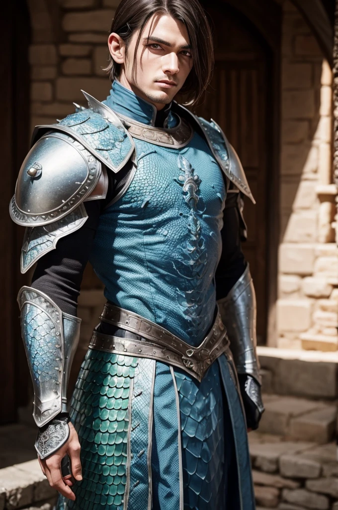 A man with lizard eyes with some scales on his body wearing medieval armor